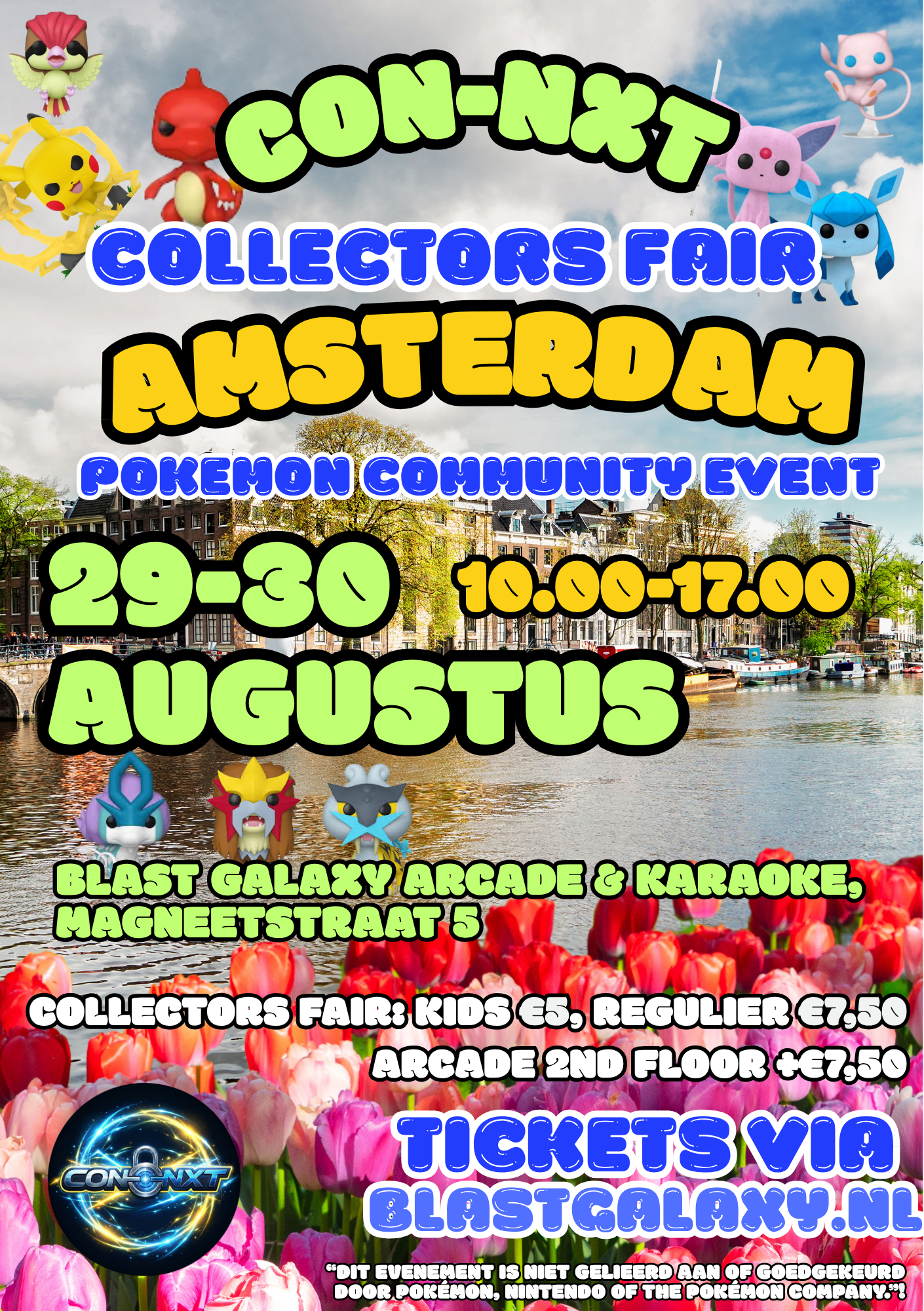 Promotional poster for the Con-Nxt Collectors Fair Amsterdam Pokémon Community Event, featuring colorful cartoon Pokémon characters, a canal scene in Amsterdam, and a field of pink tulips, with event details and ticket information.